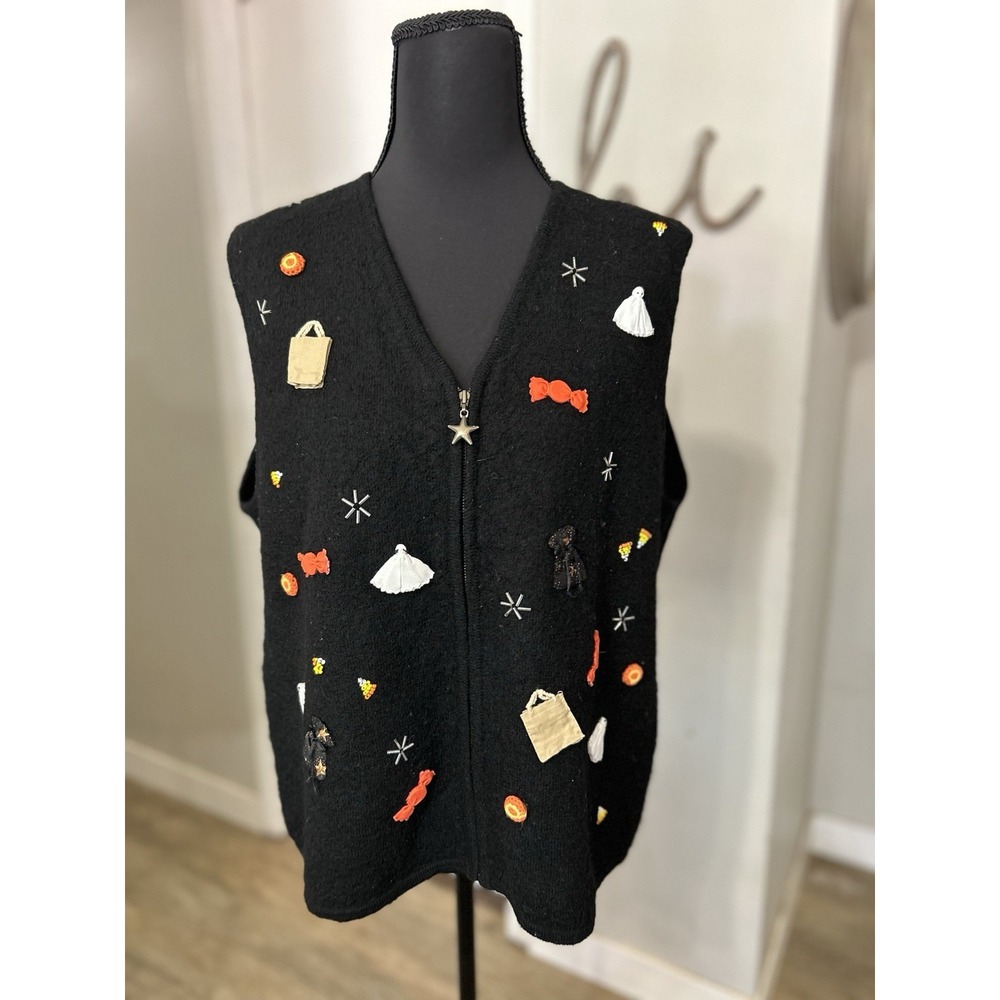Vintage Talbots Black Halloween Full Zip 100% Wool Vest Witchy Art Size Large